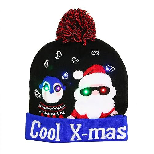 LED Weihnachtsmütze,Leuchtende Strickmütze Wintermütze Bommelmütze Damen Kinder Winter Weihnachten Beanie Mütze Weihnachtsbäume Schneemänner Warm Weihnachtsmützen für Kinder Erwachsene Weihnachtsfeier
