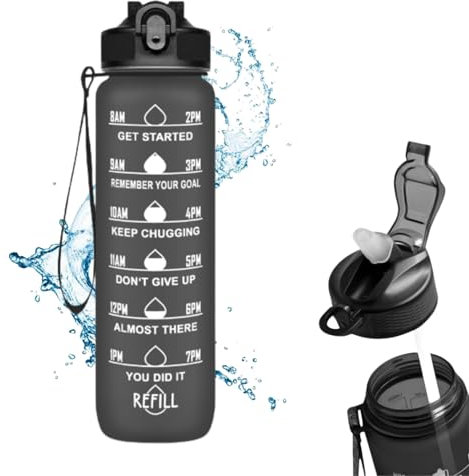 Smart Kraft 1 LITRE WATER BOTTLES WITH STRAW, TIME MARKER & MOTIVATIONAL QUOTES, LEAK-PROOF, TOXIN FREE, SPORTS WATER BOTTLE 1L, WIDE MOUTH DRINK BOTTLE FOR GYM, SCHOOL, CYCLING, OFFICE (GREY)