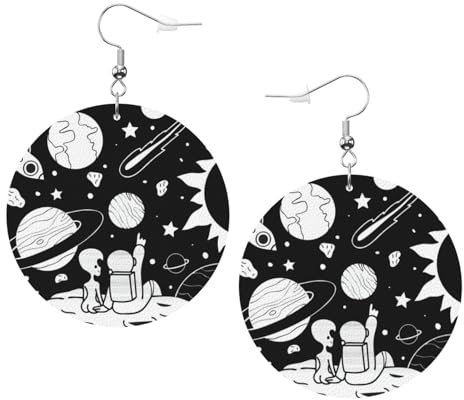 OPSREY Astronaut und Alien gedruckt Mode Leder Ohrringe Drapiert Haken Ohrringe Runde geformte Ohrringe, Einheitsgröße, Kunstleder