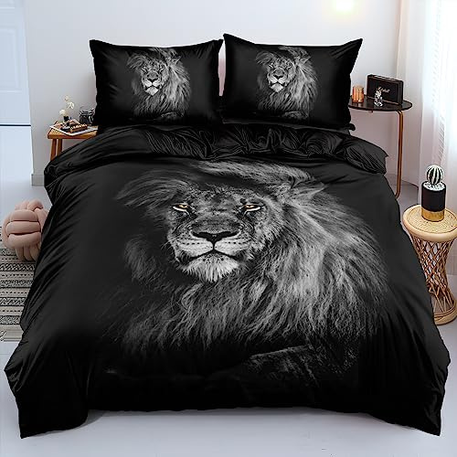 Luowei 3D Bettwäsche 135x200cm Bettwäsche Set 3D Löwe Muster Weich Schwarz Mikrofaser Bettbezug mit Reißverschluss und Kissenbezug 80x80cm