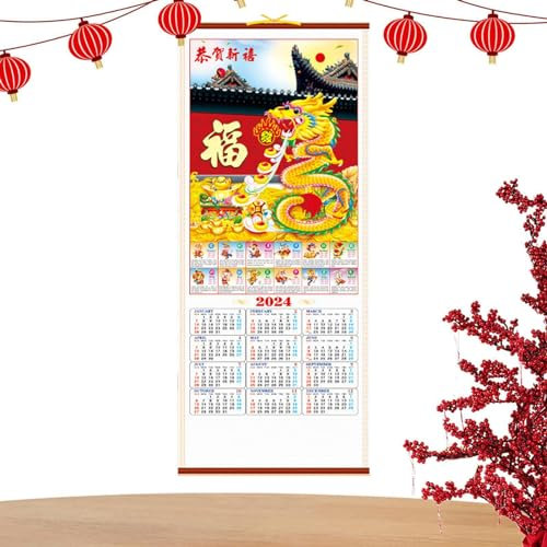 Supatmul 2024 Drachenjahr Wallkalender, Neujahrs Kalender Scroll Für Glück Und Segen, Kreativer Deko-Kalender, Traditioneller Hängekalender Für Heimdekorationen, Hängender Kalender Für Zuhause Büro