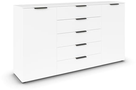 Rauch Möbel Flipp, Kombikommode, Kommode mit Stauraum für Wohnzimmer, Schlafzimmer, Flur, 4 Fachböden, Alpinweiß, 2-türig, 5 Schubkästen, Griffe Graphit, 180x100x42cm