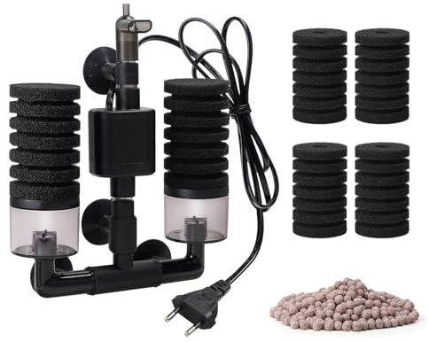 SWAWIS Schwammfilter Aquarium mit 2 Paar Ersatzschwämmen, Leise Schaumfilte mit Filterkugel, Elektrischer Aquarium Filter für Biologische und Mechanische Filterung Sauerstoffanreicherung(S)