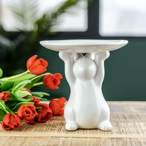 Keramik Osterdeko Hase mit Servier-Teller 11 x 20cm weiß Dekofigur Oster-Dekoration Tisch-Deko Osterhase