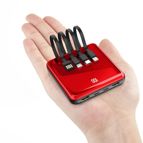 Power Bank with Built in Cables, 10000mAh Slim Smallest Portable Charger LED Display, Small External Battery Pack with 4 Inputs and 5 Outputs Phone Charger for iPhone Samsung Huawei iPad etc (red)