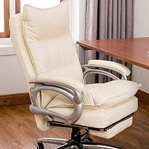 Büro-Chefsessel, Bürostuhl aus Leder mit hoher Rückenlehne, ergonomisch, mit Fußstütze und dicker Polsterung, Verstellbarer Computer-Schreibtischstuhl, Weiß, PU-Leder