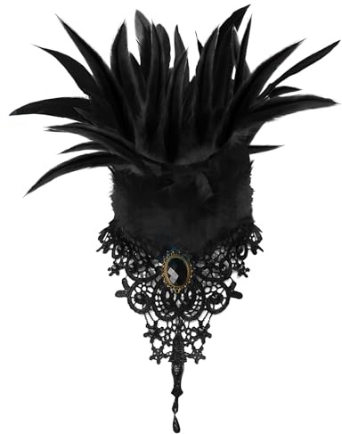 Shyllin schwarz Halloween gotische Feder-Halskette, viktorianische Federkragen, gotische Federkragen, schwarze Spitze Halskette Zubehör für Halloween, Modefeiern Maskeraden