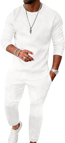 UOUA Men's 2 Piece Sweat Suits Set Long Sleeve Sweatshirt Jogging Sweatpants Tracksuits Outfits White M