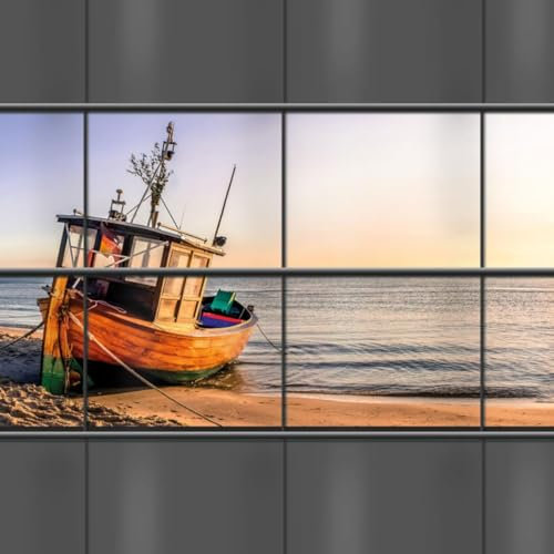 M-tec Sichtschutzstreifen bedruckt | Motiv Beach Romantica 2er Pack für Doppelstabmattenzaun | Küstenmotiv Zaunstreifen | Zaunblende | altes Boot am Strand bei Sonnenuntergang