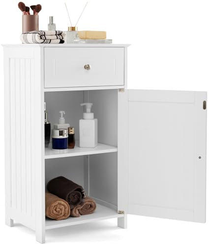 COSTWAY Badezimmerschrank, Badschrank schmal mit Schublade & Tür, Badkommode aus Holz mit verstellbaren Regal, Aufbewahrungsschrank modern für Badezimmer, Wohnzimmer, Küche, 43 x 34 x 77 cm (Weiß)