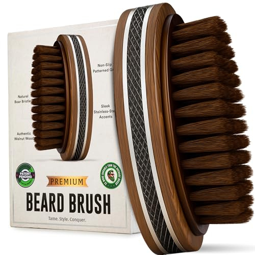 Premium Handmade 4.5 Boar Bristle Beard Brush for Men – Natural Walnut Wood & Non-Slip Rubber Grip – Men’s Grooming Brush for Short, Medium & Long Beards – Mustache & Beard Care Tool – Alpha Organics