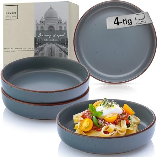 Sänger Bombay Graphit | Pastaschalen 4 teilig, 4x Nudel Schalen aus Steingut, Schüssel Set spülmaschinenfest mikrowellenfest kratzfest, große Schüssel multifunktional grau 800 ml | VALUE COLLECTION