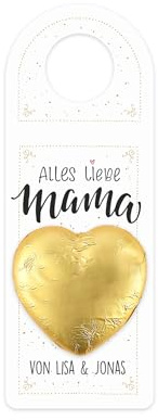 Herz & Heim® Personalisierter Flaschenanhänger mit Schokoladenherz zum Muttertag – Geschenkidee für Mama – Anhänger für Weingeschenke und andere Flaschen in 2 Größen (Klein)