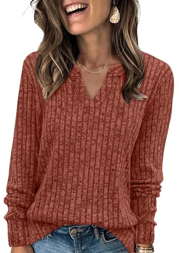 Aokosor Jumpers for Women Lightweight Sweatshirts Ladies V Neck Long Sleeve Tops Women Loose Fit Size 14-16 Caramel