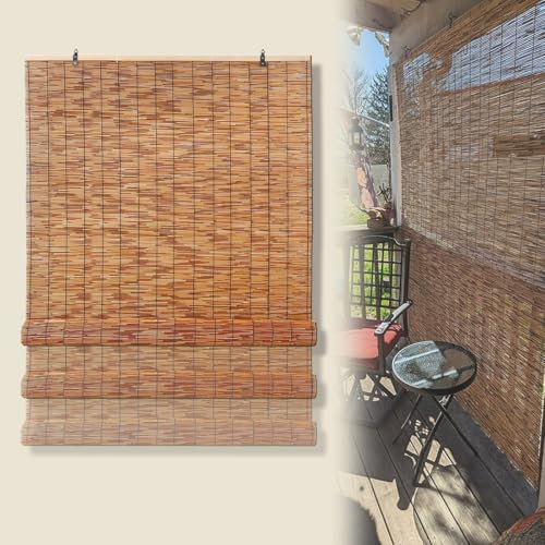 Bambusrollo Aussenbereich Natural Schwarz Linie Schilf Vorhang Sonnenschutzrollos Natürlichen Bambu-Polen Von Hand Gewebt Balkon Trennwand Strohjalousien(80x160cm)