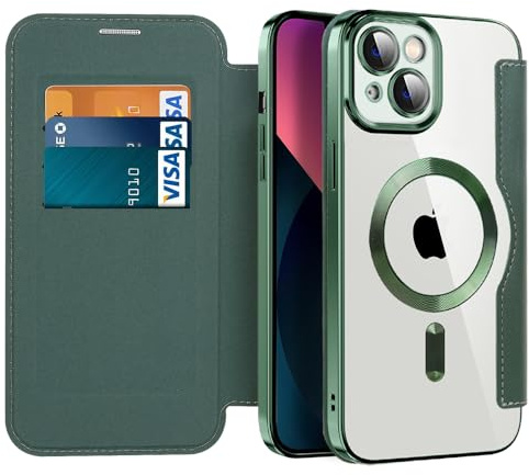 IMIRST Case for iPhone 13 Compatible with MagSafe, WD Green | 3 Card Holder,RFID Blocking,Premium Leather Folio Flip Wallet Cover,Magnetic Clear Shockproof TPU,for Women Men
