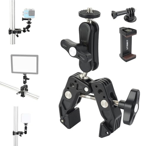 UTEBIT Actionkamera Halterung für Motorräder 1/4 und 3/8 Gewindebohrung, Kamerahalterung Fahrrad Klemme 360 Grad Drehbar Fahrradklemme Adapter kompatibel für DSLR Kamera
