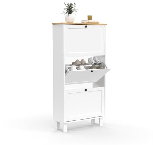 IDMarket – Mueble para zapatos 18 pares Aquiles 3 puertas blanco y bandeja madera