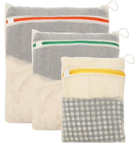 Wäschebeutel aus Baumwolle, 3er-Set, Wäschenetz mit Reißverschluss, 30x20/40x30/50x40 cm, Wäschesack zum Aufhängen, Wäschenetz für Waschmaschine, Netzbeutel für Reise, Organizer