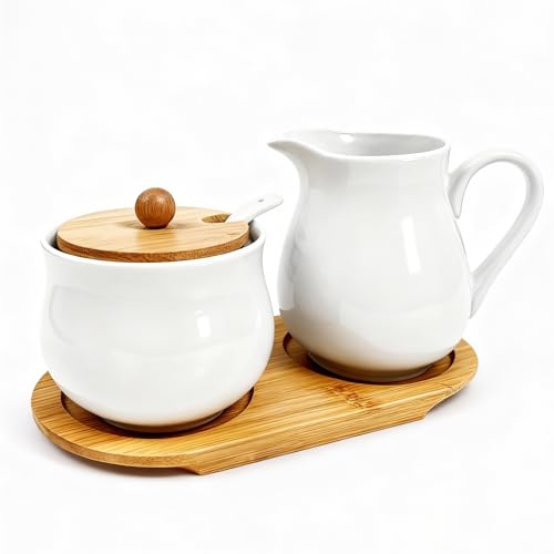 2 Stück Milch und Zucker Set, Keramik Zuckerdose mit Bambus Deckel und Löffel, praktische Milchkännchen Keramik mit Holz Tablett, Zucker Behälter für Küche und Esstisch, Spülmaschinen(Weiß)