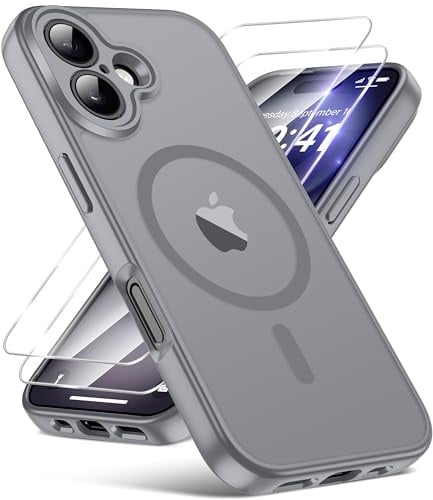 FLLAO Magnetic for iPhone 16 Case with 2 HD Screen Protector, Grey | 2 Tempered Glass, Full Camera Protection, Military-Grade Shockproof, Slim Translucent Matte Hard Back Bumper Phone Cover
