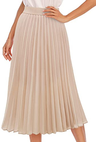 DRESSTELLS Plissee Rock Damen Chiffon Maxi Langer Faltenrock A-Linie Hohe Taille Festlicher Midi-Rock Casual Strandrock Champagne XL