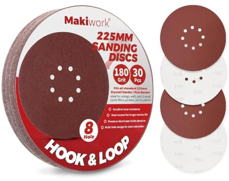 Makiwork 30PCS 225mm 8-Hole 180 Grit Hook & Loop Sanding Discs – Heavy-Duty Aluminum Oxide Sandpaper for Drywall Sander, Paint Removal, Wood & Metal Surface Prep