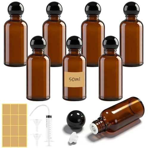 Maxumille 8 Pcs 50ml Amber Glass Essential Oil Bottles with Screw Caps | Dropper Bottles with Syringe Sticker, Empty Refillable Travel Liquid Medicine Bottle, Sample Vial for Perfume Aromatherapy