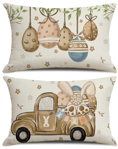 2 Stück Ostern Kissenbezug 30x50 cm,Soft Ostern Zierkissenbezüge,Osterdeko Sofakissen Ostereier Kissenbezüge,Osterdeko Leinen Kissenhülle,für Frühling Sommer Happy Easter Kissenbezug Deko Sofa (A)
