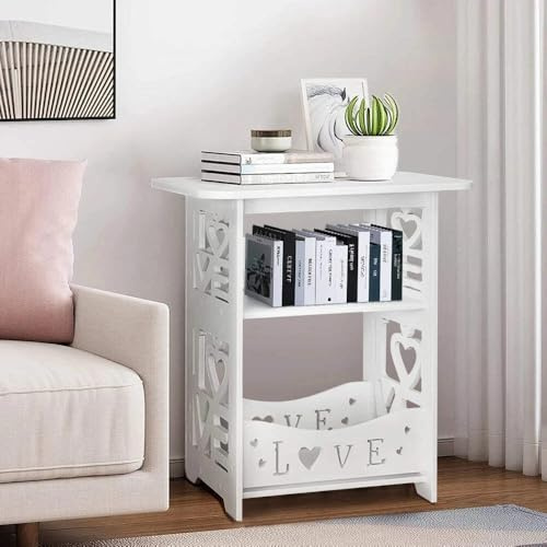 White Modern Love Home Wooden Side Table - 2-Tier Storage Nightstand for Bedroom & Living Room Nordic Style Decor