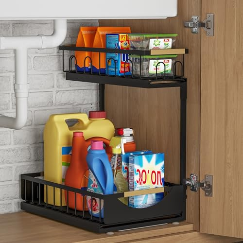 Fantasnight Kitchen Under Sink Storage Organiser - 1 Pack Metal Undersink Organisation for Cupboard - 2 Tier Pull Out Cabinet Drawers Black - Cleaning Sliding Shelf Organizer Solutions for Bathroom