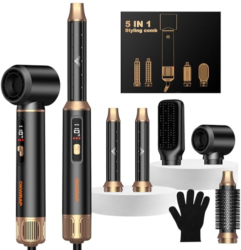 OKWRAP LCD Hairstyler 5 in 1 Haarstyler Hair Styler Set Stylingbürsten | Haarstyler Mit Rundbürstenföhn Warmluftbürste Föhn Lockenstab Luft Hair Styler Set Für Glätten Trocknen Volumen Locken