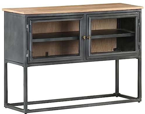 kithwjll Sideboard Grau 100x30x70 cm aus massivem Akazienholz, Vitrinenschrank mit Glastüren, 2 Regalböden, robuster Aufbewahrungsschrank für Wohnzimmer und Flur