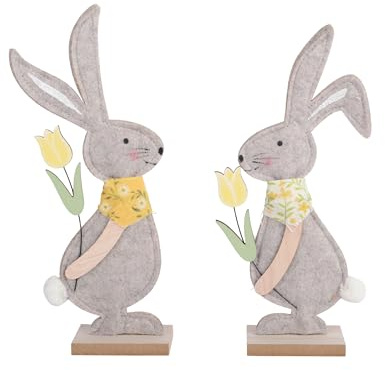 Dekofigur Hase mit Tulpe 24cm Filz 1 Stück Sortiert - Dekohase für Ostern Frühling - Osterhase als Osterdeko Osterschmuck - Osterfiguren Ostergeschenk - Frühlingsdeko Tischdeko - Grau Gelb