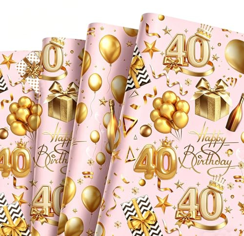 5 Stück Geschenkpapier Geburtstag Rosa für Frau frau,70x50cm Birthday Gift Wrapping Paper, Geschenkpapier 40. Geburtstag mit 5M Geschenkband,Geschenk Papier für 40.Geburtstage Party Geschenk Deko