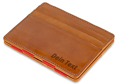 Jaimie Jacobs Flap Boy Slim mit Gravur - Das Original - Magic Wallet Magischer Geldbeutel Dünn Schmale Geldbörse Herren RFID Schutz Geldklammer Klein Slim Wallet Geschenk Leder (Cognac Braun mit Rot)