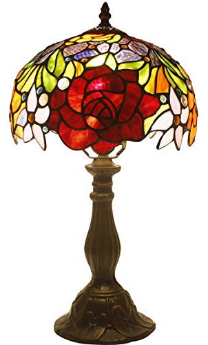 4MYHOME Tiffany Style Table Lamp Stained Glass Bedside Lamp Red Rose Desk Reading Light 10X10X18 Inches Decor Bedroom Living Room Home Office S001 Series