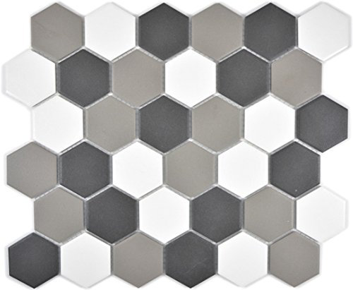 Mosaik Fliese Keramik Hexagon weiß grau schwarz unglasiert für BODEN WAND BAD WC DUSCHE KÜCHE FLIESENSPIEGEL THEKENVERKLEIDUNG BADEWANNENVERKLEIDUNG Mosaikmatte Mosaikplatte