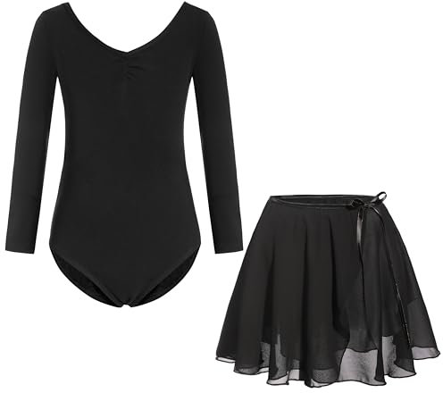 FONLAM Mädchen Ballettkleid Balletttrikot Langarm Tanzkleid Tanzbody Ballettrock Chiffon Tutu Kinder Ballettanzug Baumwolle (12-14 Jahre, Schwarz)