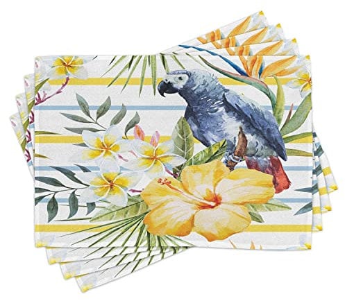 ABAKUHAUS Perroquet Lot de Sets de Table en 4 pièces, Tropic Perroquets Exotiques, Tissu Lavable pour Salle à Manger et Cuisine, Standard, Blanc Jaune