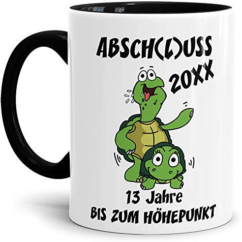 Tassendruck Abi-Tasse 13 Jahre bis zum Höhepunkt - Selbst gestalten mit Jahr und Name zum bestandenen Abitur/Schule/Lehrer/personalisierte Geschenk-Idee/Innen & Henkel Schwarz