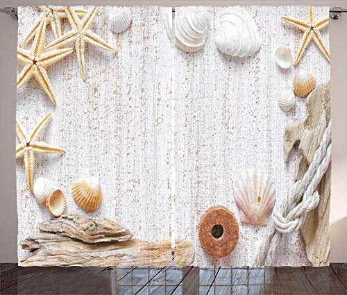 ABAKUHAUS maritim Rustikaler Gardine, Ozean-Muscheln Seesterne, Schlafzimmer Kräuselband Vorhang mit Schlaufen und Haken, 280 x 260 cm, Mandel