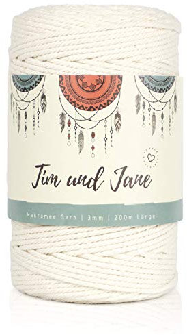 Tim und Jane® Makramee Garn 3mm x 300m, gedreht | Hochwertiges Makramee Garn – 100% Baumwolle, Naturfarben, für Handarbeit und DIY Projekte