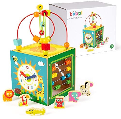 boppi 5 in 1 Large Wooden Activity Cube 2-Way Bead Maze Roller Coaster Sensory Baby Toy with Abacus Clock Animal Shape Sorter and Slider Multifunction Educational Play Box 2 Years and Up