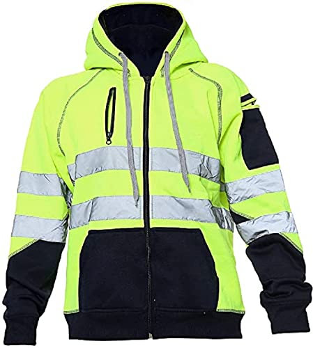 Romaans Hi Vis Hoodie Sweatshirt Safety Work Reflective Jumper Hoodie High Viz Hoodie High Visibility Sweatshirt 3 Zipped Pocket (Zipper Yellow Tone, XL)