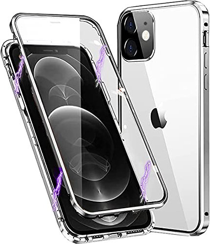 MIMGOAL Case for iPhone 11 Magnetic Cover 360 Degree Full Body Shockproof [Built-in Camera Lens Protector] Metal Bumper with Front and Back Clear Tempered Glass, Silver