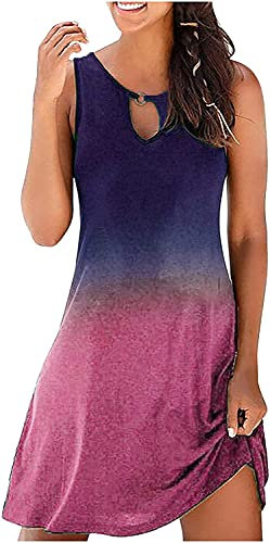 Onsoyours Femmes Robe d'été Débardeurs T-Shirt Robe de Plage sans Manches Tunique Robes Col Rond Impression Casual Chic Robes Vacances D Rose L