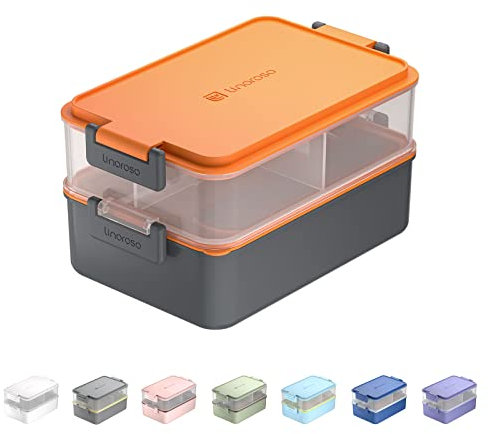 linoroso Bento Lunch Box Boite Repas pour Adulte avec 3 Compartiment Lunchbox avec Récipient à Sauce et Ustensiles Micro Ondable et Lave-vaisselle, Sans BPA Comme Boîte à Sandwich Salade - Orange