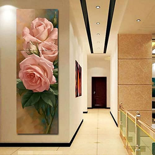 Tableau triptyque de fleurs roses pour décoration murale moderne E 60 x 60 cm