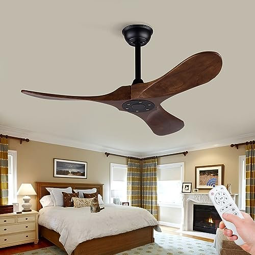 BOJUE Ventilador de techo sin luz 106 cm - Ventilador de techo de madera con mando a distancia, 6 velocidades, motor DC silencioso, para dormitorio/patio/porche (aspas nogal oscuro)